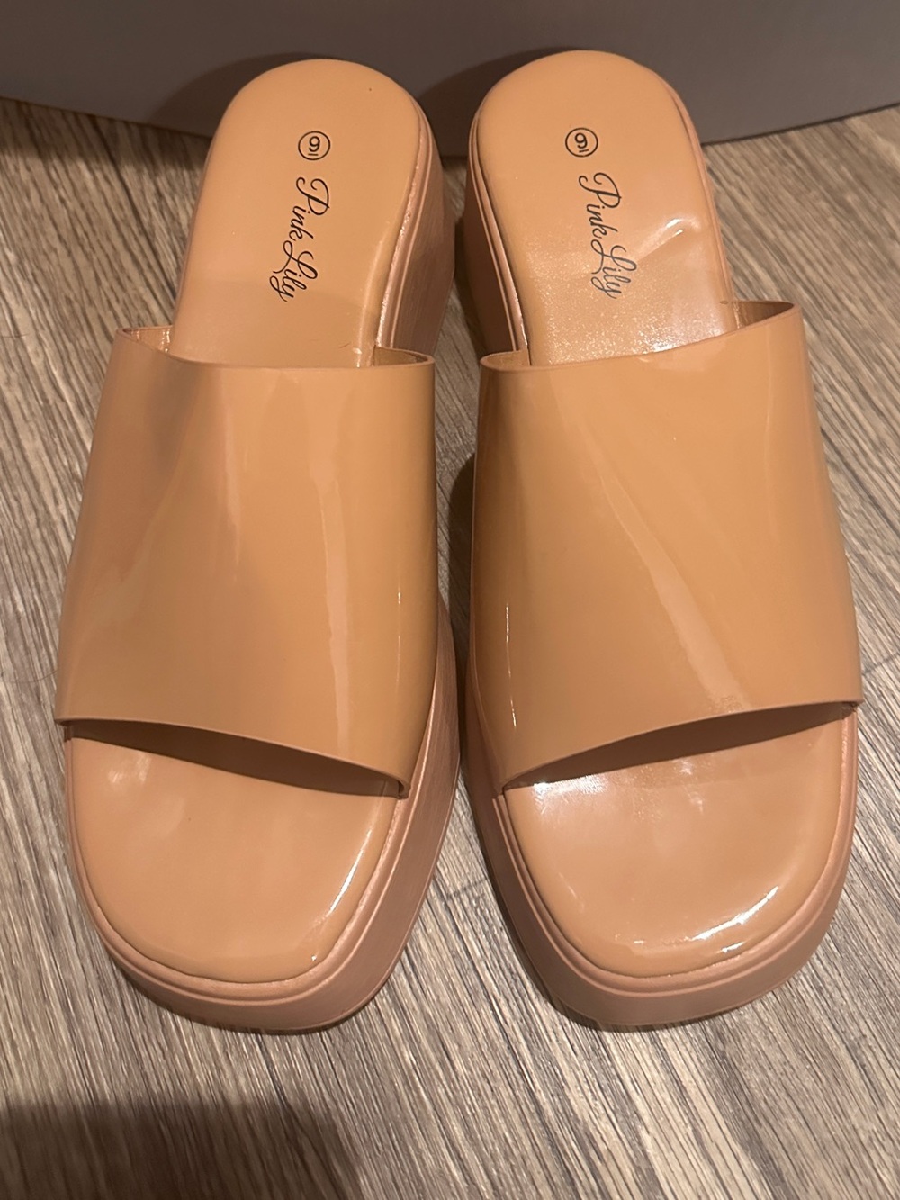 Pink Lily Nude Patent Platform Slide Mules